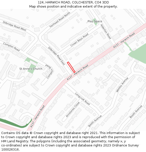 124, HARWICH ROAD, COLCHESTER, CO4 3DD: Location map and indicative extent of plot