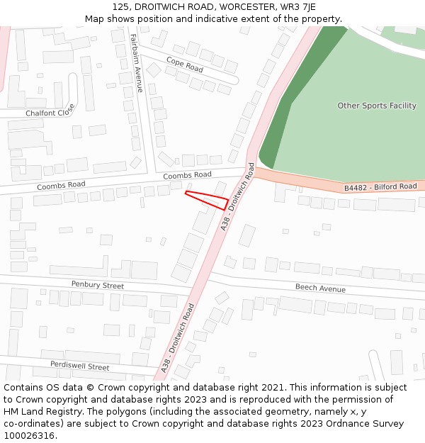 125, DROITWICH ROAD, WORCESTER, WR3 7JE: Location map and indicative extent of plot