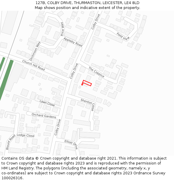 127B, COLBY DRIVE, THURMASTON, LEICESTER, LE4 8LD: Location map and indicative extent of plot