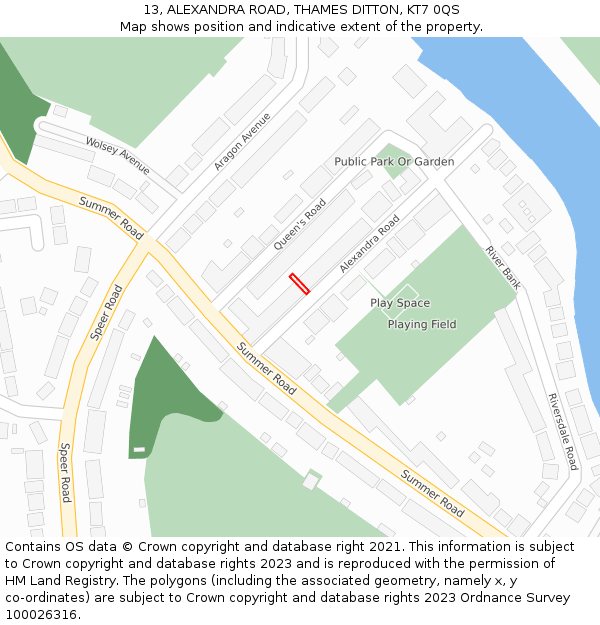 13, ALEXANDRA ROAD, THAMES DITTON, KT7 0QS: Location map and indicative extent of plot