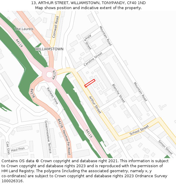13, ARTHUR STREET, WILLIAMSTOWN, TONYPANDY, CF40 1ND: Location map and indicative extent of plot