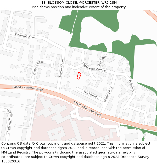13, BLOSSOM CLOSE, WORCESTER, WR5 1SN: Location map and indicative extent of plot