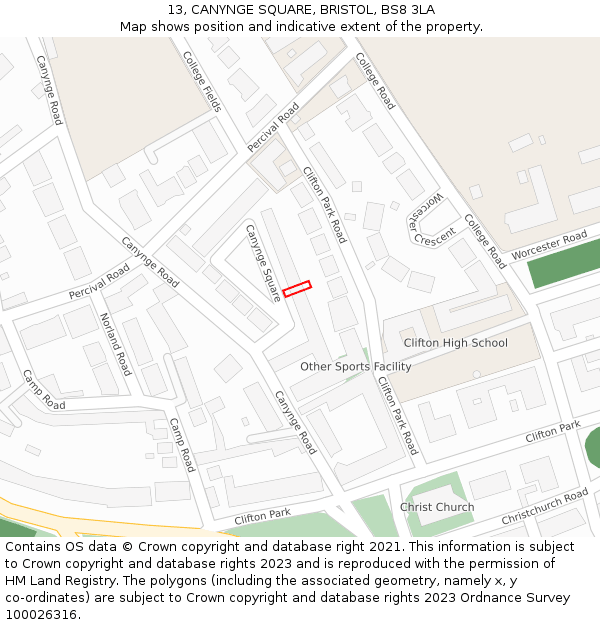 13, CANYNGE SQUARE, BRISTOL, BS8 3LA: Location map and indicative extent of plot