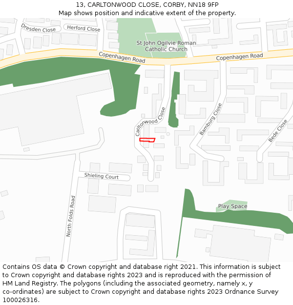 13, CARLTONWOOD CLOSE, CORBY, NN18 9FP: Location map and indicative extent of plot