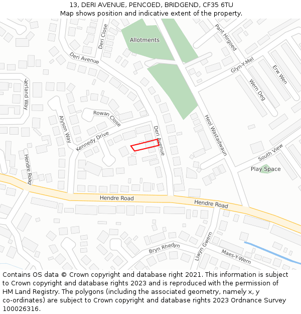 13, DERI AVENUE, PENCOED, BRIDGEND, CF35 6TU: Location map and indicative extent of plot