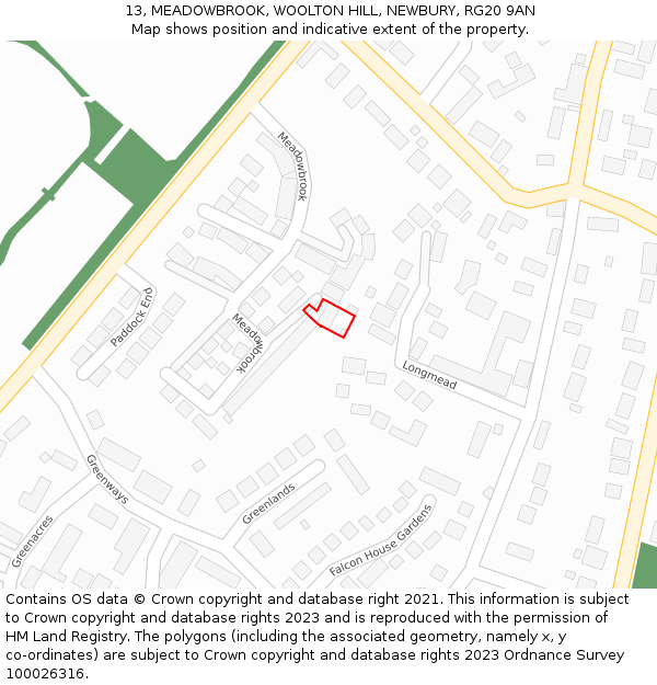 13, MEADOWBROOK, WOOLTON HILL, NEWBURY, RG20 9AN: Location map and indicative extent of plot