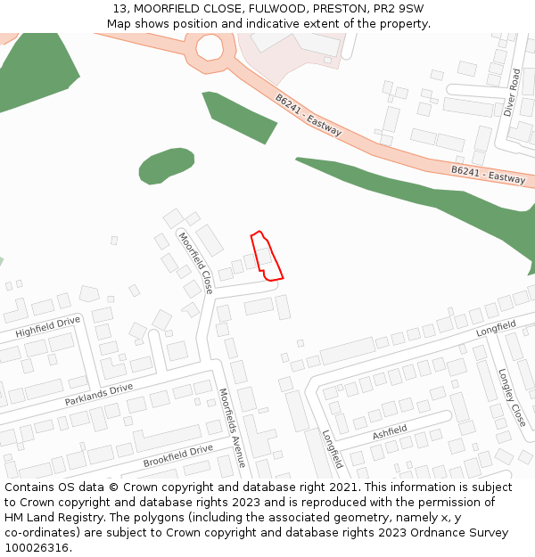 13, MOORFIELD CLOSE, FULWOOD, PRESTON, PR2 9SW: Location map and indicative extent of plot