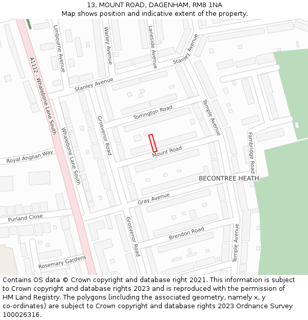 13, MOUNT ROAD, DAGENHAM, RM8 1NA: Location map and indicative extent of plot