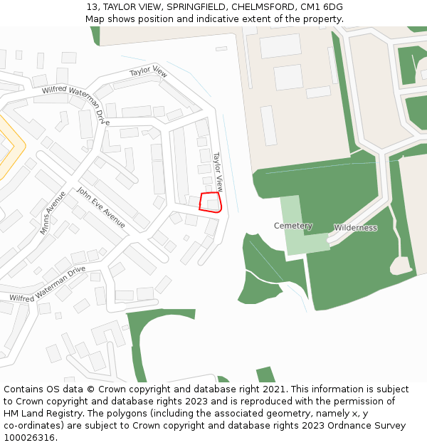 13, TAYLOR VIEW, SPRINGFIELD, CHELMSFORD, CM1 6DG: Location map and indicative extent of plot
