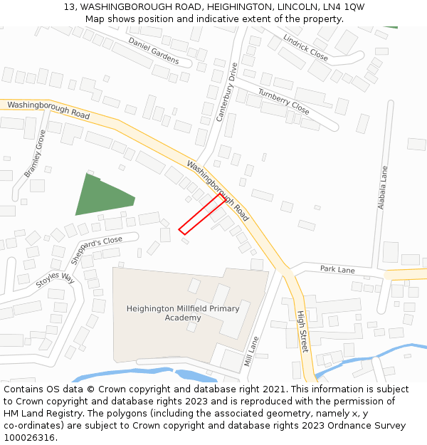 13, WASHINGBOROUGH ROAD, HEIGHINGTON, LINCOLN, LN4 1QW: Location map and indicative extent of plot