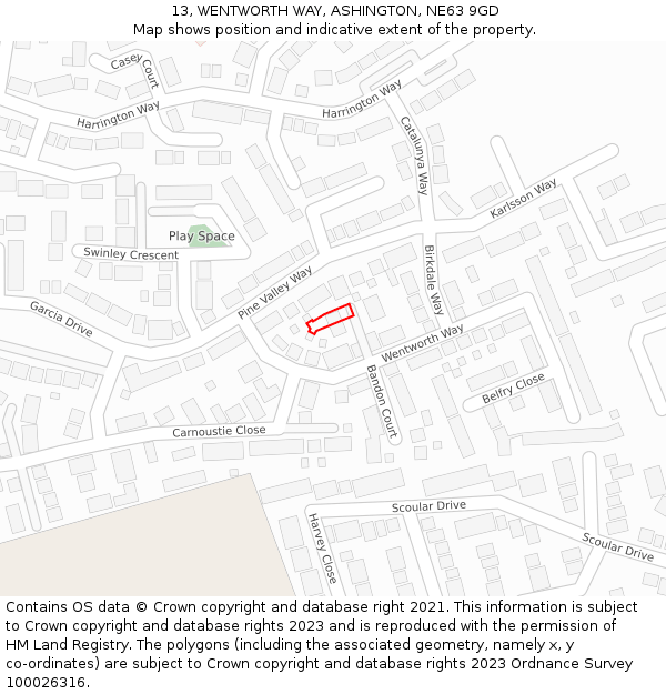 13, WENTWORTH WAY, ASHINGTON, NE63 9GD: Location map and indicative extent of plot