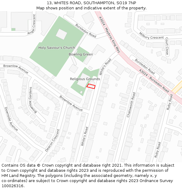 13, WHITES ROAD, SOUTHAMPTON, SO19 7NP: Location map and indicative extent of plot