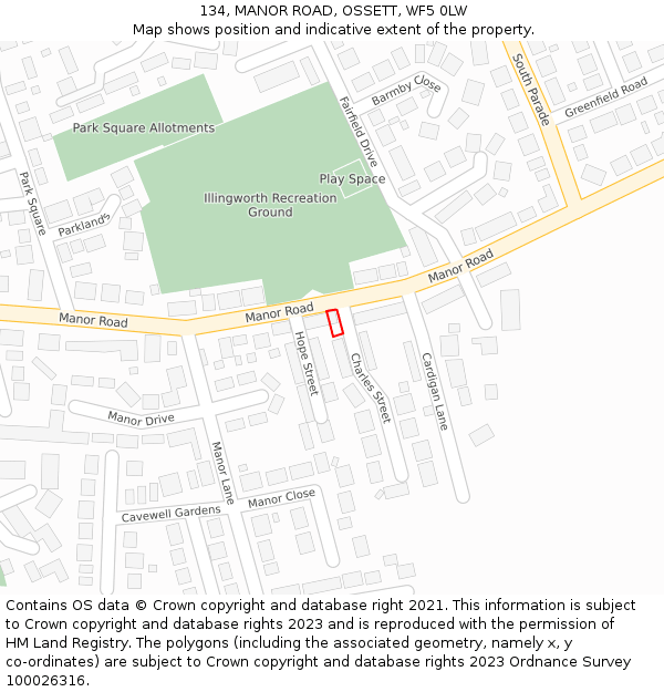 134, MANOR ROAD, OSSETT, WF5 0LW: Location map and indicative extent of plot