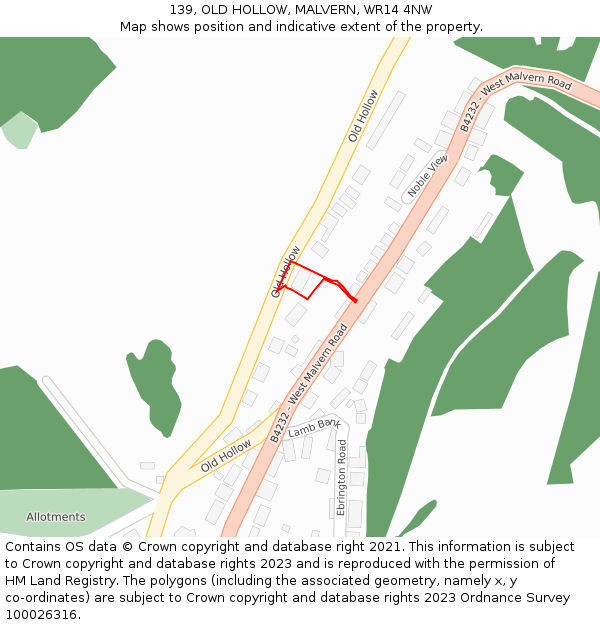 139, OLD HOLLOW, MALVERN, WR14 4NW: Location map and indicative extent of plot