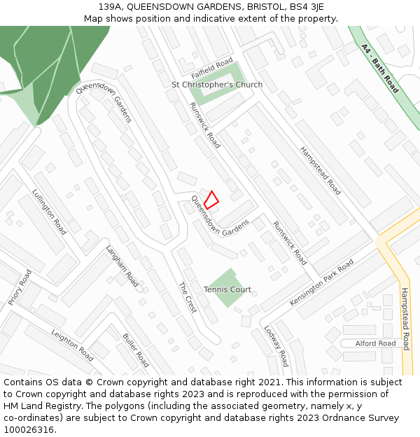 139A, QUEENSDOWN GARDENS, BRISTOL, BS4 3JE: Location map and indicative extent of plot