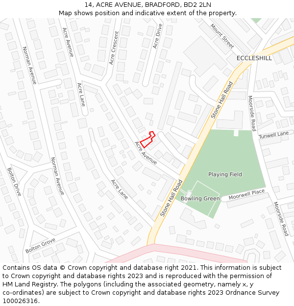 14, ACRE AVENUE, BRADFORD, BD2 2LN: Location map and indicative extent of plot