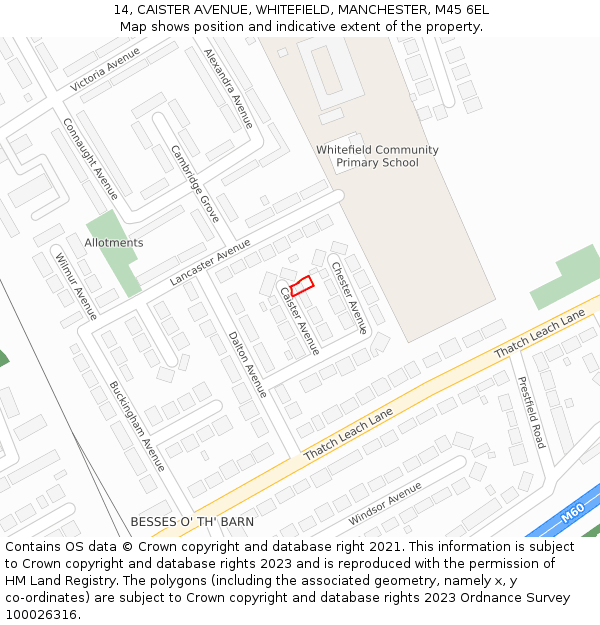 14, CAISTER AVENUE, WHITEFIELD, MANCHESTER, M45 6EL: Location map and indicative extent of plot