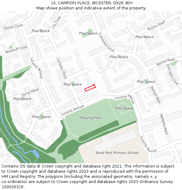 14, CAMPION PLACE, BICESTER, OX26 3EH: Location map and indicative extent of plot