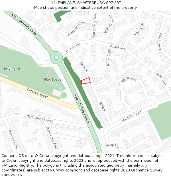 14, FAIRLANE, SHAFTESBURY, SP7 8RT: Location map and indicative extent of plot