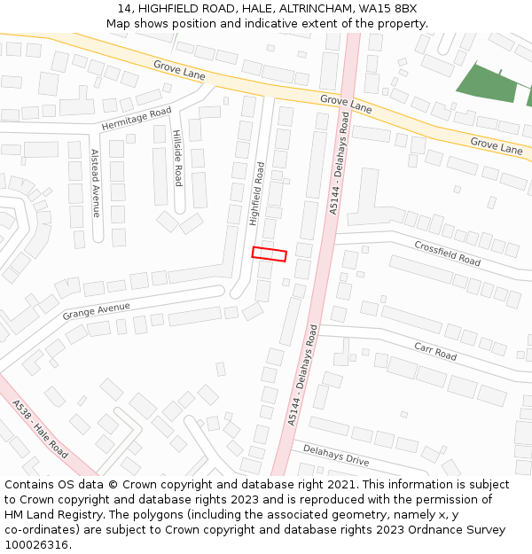 14, HIGHFIELD ROAD, HALE, ALTRINCHAM, WA15 8BX: Location map and indicative extent of plot