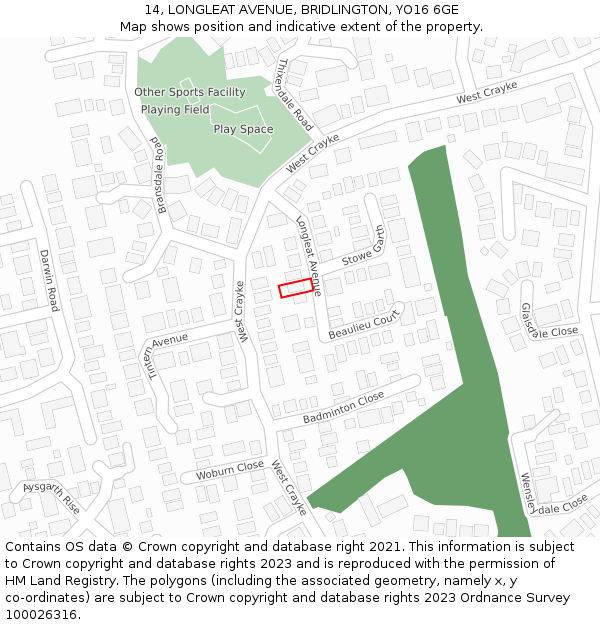 14, LONGLEAT AVENUE, BRIDLINGTON, YO16 6GE: Location map and indicative extent of plot