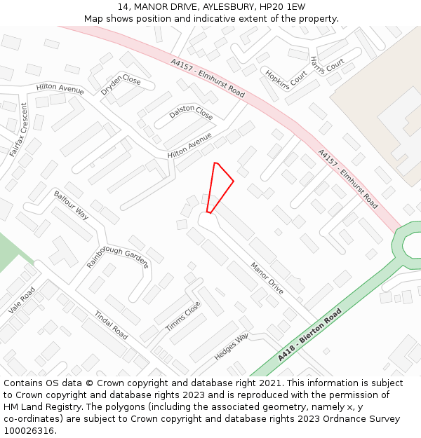 14, MANOR DRIVE, AYLESBURY, HP20 1EW: Location map and indicative extent of plot
