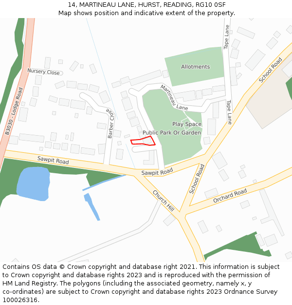 14, MARTINEAU LANE, HURST, READING, RG10 0SF: Location map and indicative extent of plot