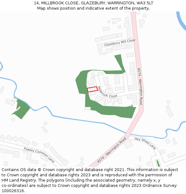 14, MILLBROOK CLOSE, GLAZEBURY, WARRINGTON, WA3 5LT: Location map and indicative extent of plot