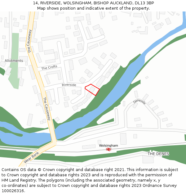 14, RIVERSIDE, WOLSINGHAM, BISHOP AUCKLAND, DL13 3BP: Location map and indicative extent of plot