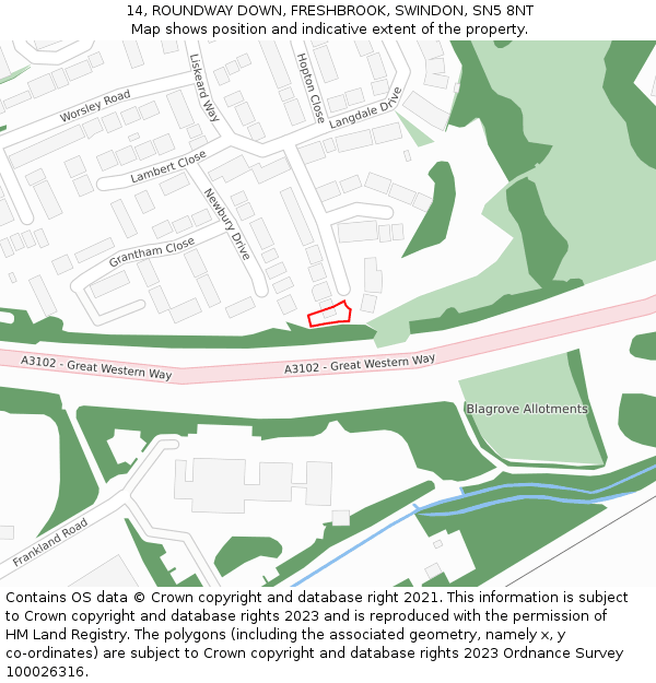 14, ROUNDWAY DOWN, FRESHBROOK, SWINDON, SN5 8NT: Location map and indicative extent of plot