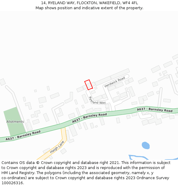 14, RYELAND WAY, FLOCKTON, WAKEFIELD, WF4 4FL: Location map and indicative extent of plot
