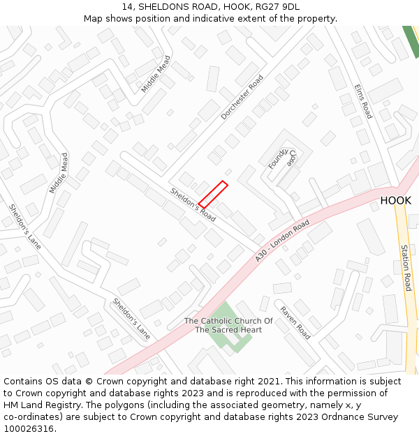 14, SHELDONS ROAD, HOOK, RG27 9DL: Location map and indicative extent of plot