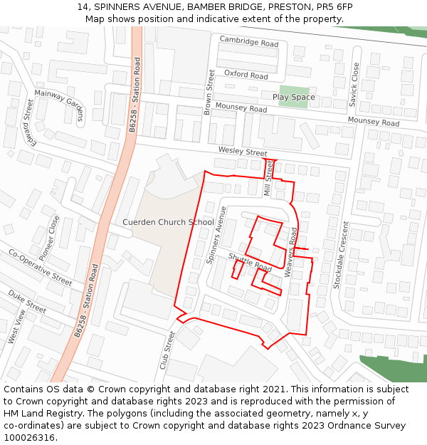 14, SPINNERS AVENUE, BAMBER BRIDGE, PRESTON, PR5 6FP: Location map and indicative extent of plot