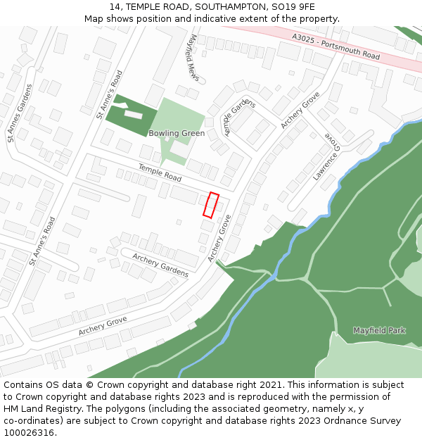 14, TEMPLE ROAD, SOUTHAMPTON, SO19 9FE: Location map and indicative extent of plot