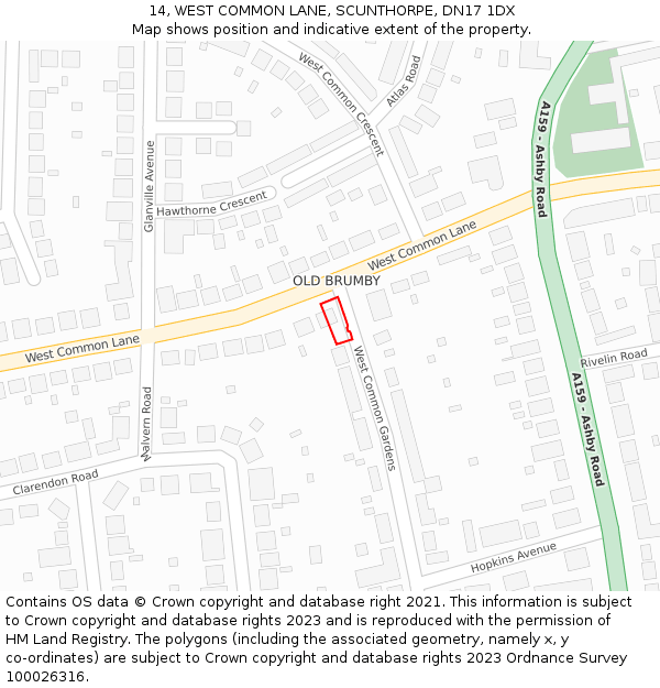 14, WEST COMMON LANE, SCUNTHORPE, DN17 1DX: Location map and indicative extent of plot