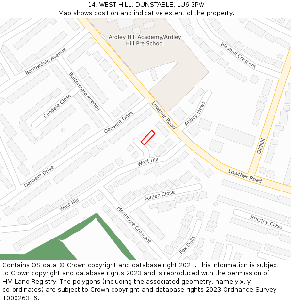 14, WEST HILL, DUNSTABLE, LU6 3PW: Location map and indicative extent of plot