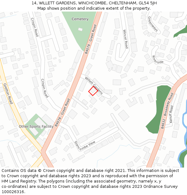 14, WILLETT GARDENS, WINCHCOMBE, CHELTENHAM, GL54 5JH: Location map and indicative extent of plot