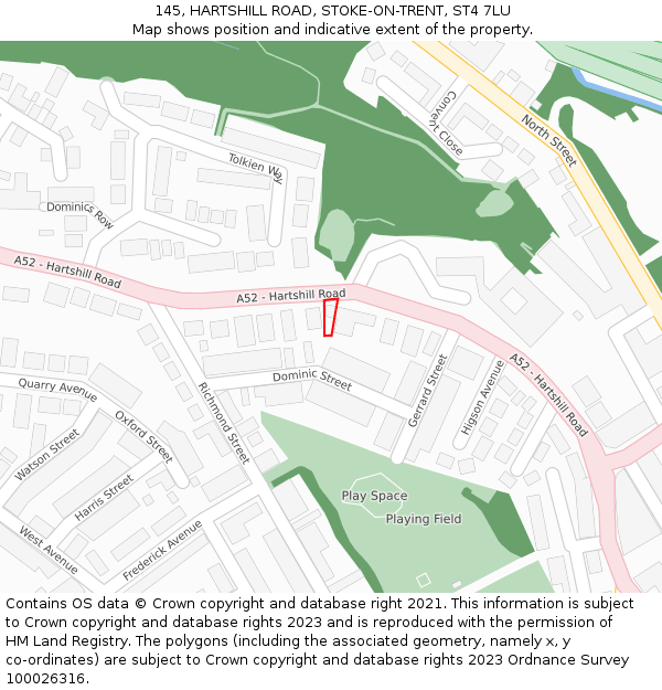 145, HARTSHILL ROAD, STOKE-ON-TRENT, ST4 7LU: Location map and indicative extent of plot