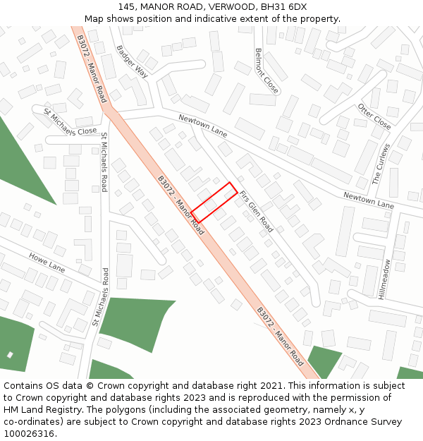 145, MANOR ROAD, VERWOOD, BH31 6DX: Location map and indicative extent of plot
