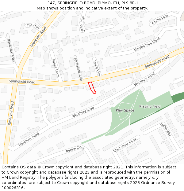 147, SPRINGFIELD ROAD, PLYMOUTH, PL9 8PU: Location map and indicative extent of plot