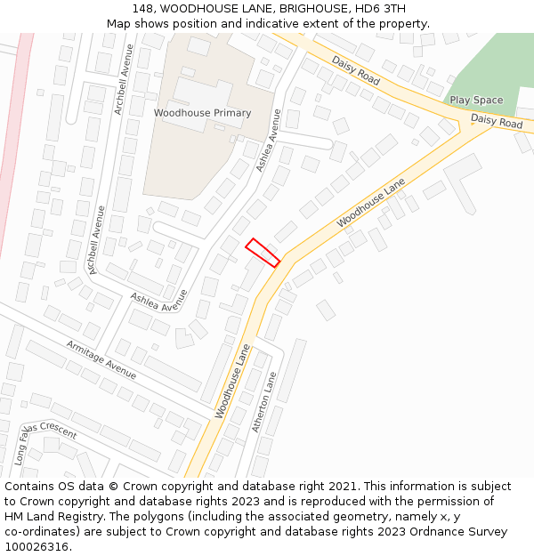 148, WOODHOUSE LANE, BRIGHOUSE, HD6 3TH: Location map and indicative extent of plot