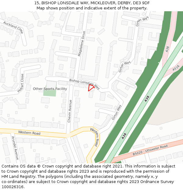 15, BISHOP LONSDALE WAY, MICKLEOVER, DERBY, DE3 9DF: Location map and indicative extent of plot