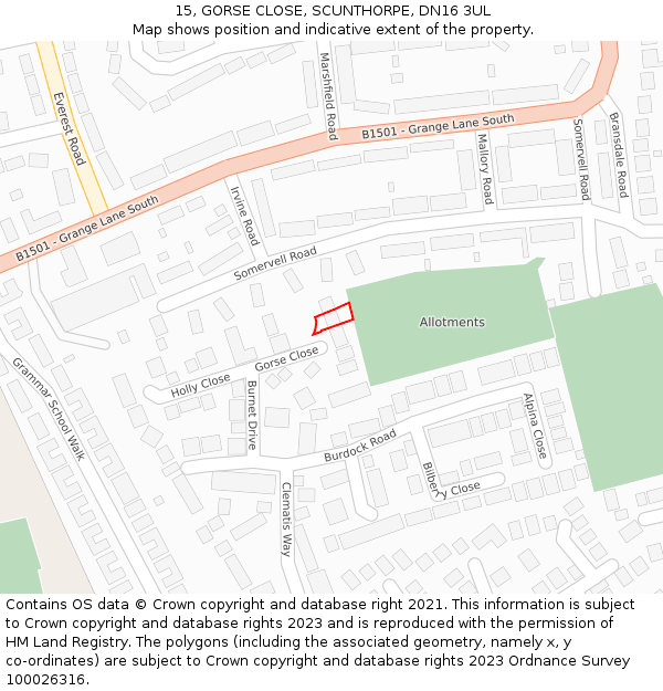 15, GORSE CLOSE, SCUNTHORPE, DN16 3UL: Location map and indicative extent of plot
