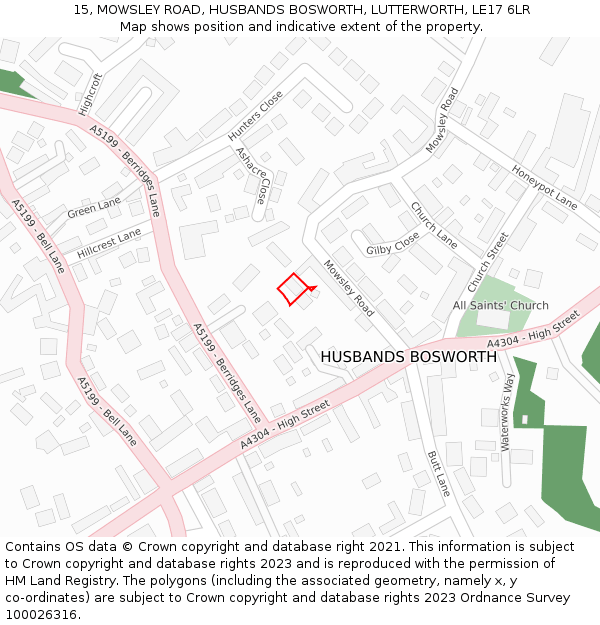15, MOWSLEY ROAD, HUSBANDS BOSWORTH, LUTTERWORTH, LE17 6LR: Location map and indicative extent of plot