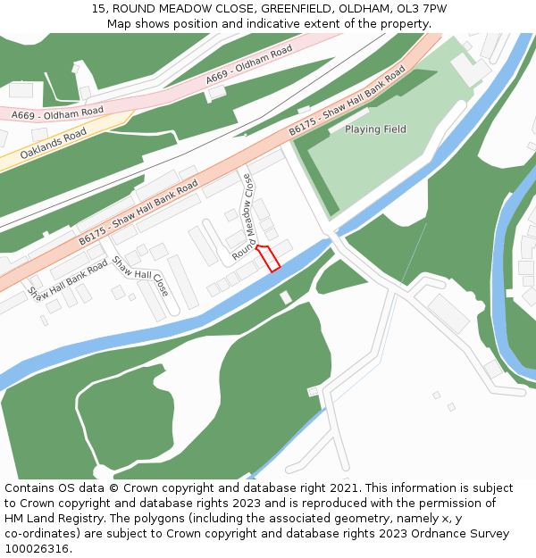 15, ROUND MEADOW CLOSE, GREENFIELD, OLDHAM, OL3 7PW: Location map and indicative extent of plot