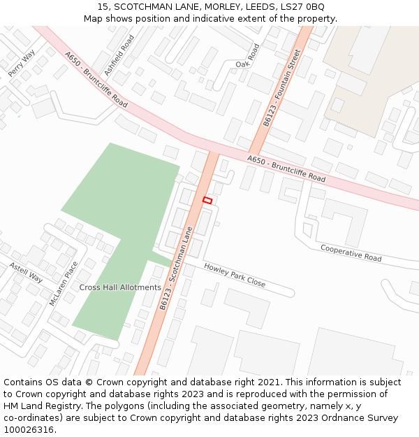 15, SCOTCHMAN LANE, MORLEY, LEEDS, LS27 0BQ: Location map and indicative extent of plot