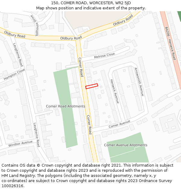 150, COMER ROAD, WORCESTER, WR2 5JD: Location map and indicative extent of plot