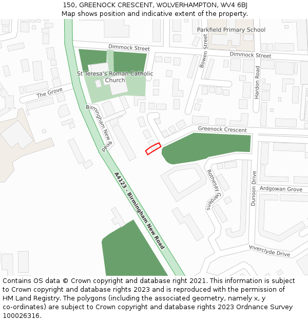 150, GREENOCK CRESCENT, WOLVERHAMPTON, WV4 6BJ: Location map and indicative extent of plot