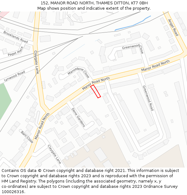 152, MANOR ROAD NORTH, THAMES DITTON, KT7 0BH: Location map and indicative extent of plot