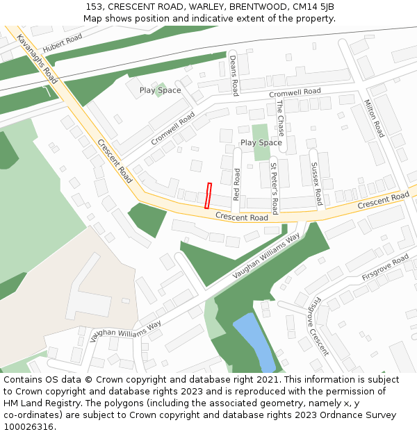 153, CRESCENT ROAD, WARLEY, BRENTWOOD, CM14 5JB: Location map and indicative extent of plot